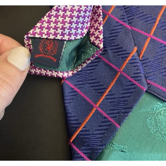 T Hilf 100% Silk Tie Diagonal Plaid Blue/Pink/Orange Houndstooth Jacquard - Picture 4 of 6